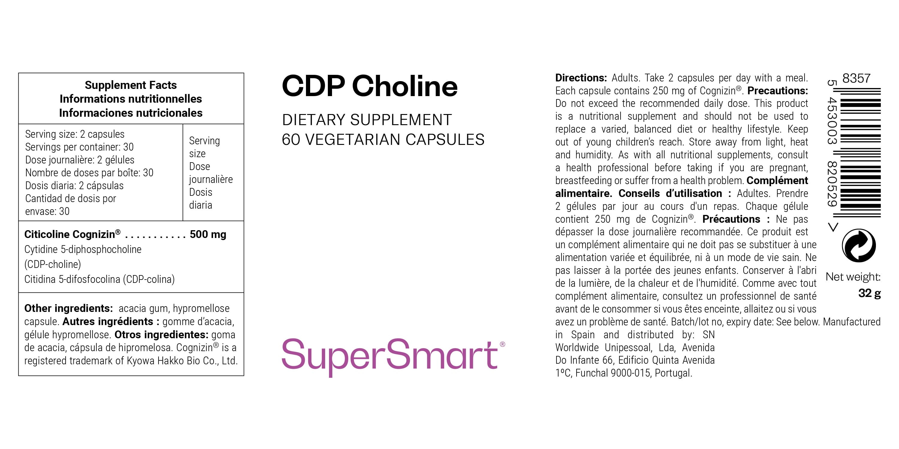 Complemento alimenticio de colina para la función cognitiva 