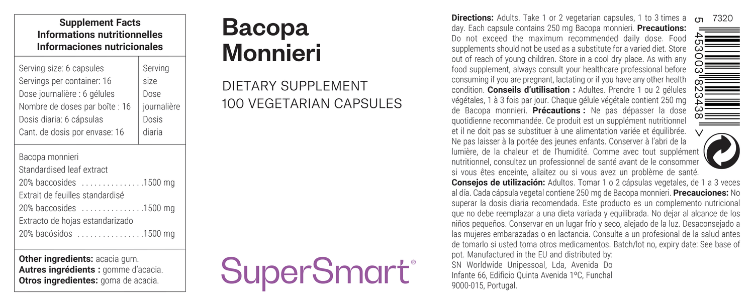 Bacopa Monnieri suplemento alimentar, 20 bacósidos