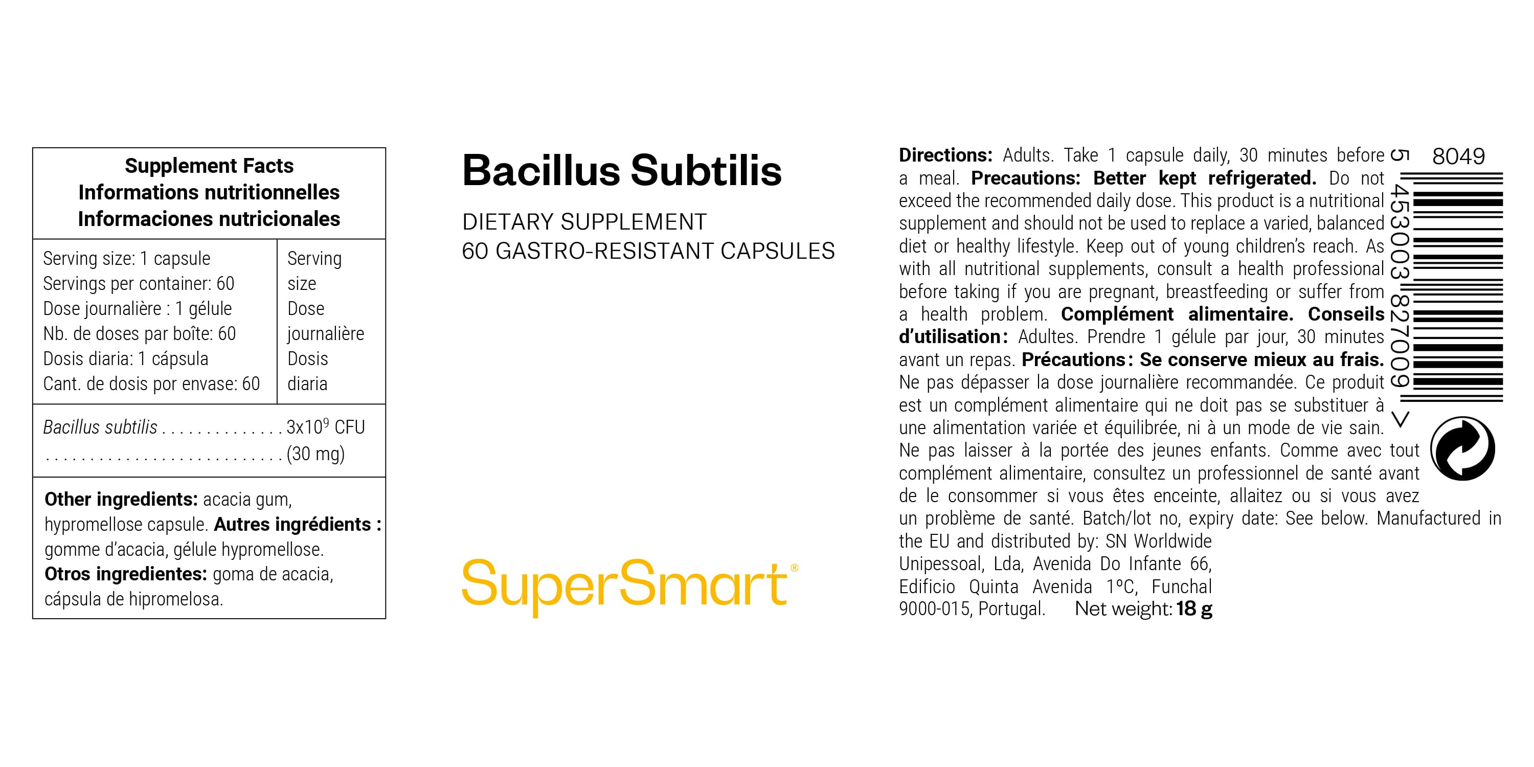 Complemento alimenticio probiótico de Bacillus subtilis