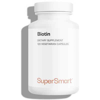 Bote de complemento alimenticio de biotina o vitamina B7 (también llamada vitamina B8 o vitamina H)